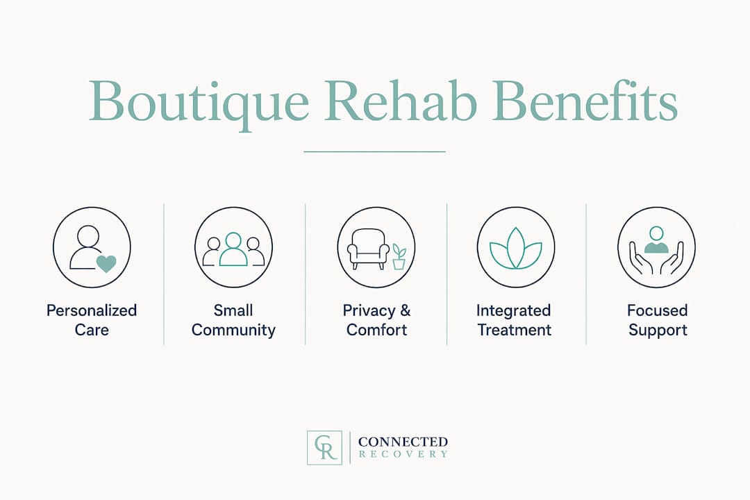 Infographic showing key benefits of boutique rehab facilities
