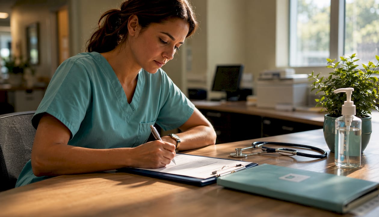 Nurse filling out inpatient intake forms