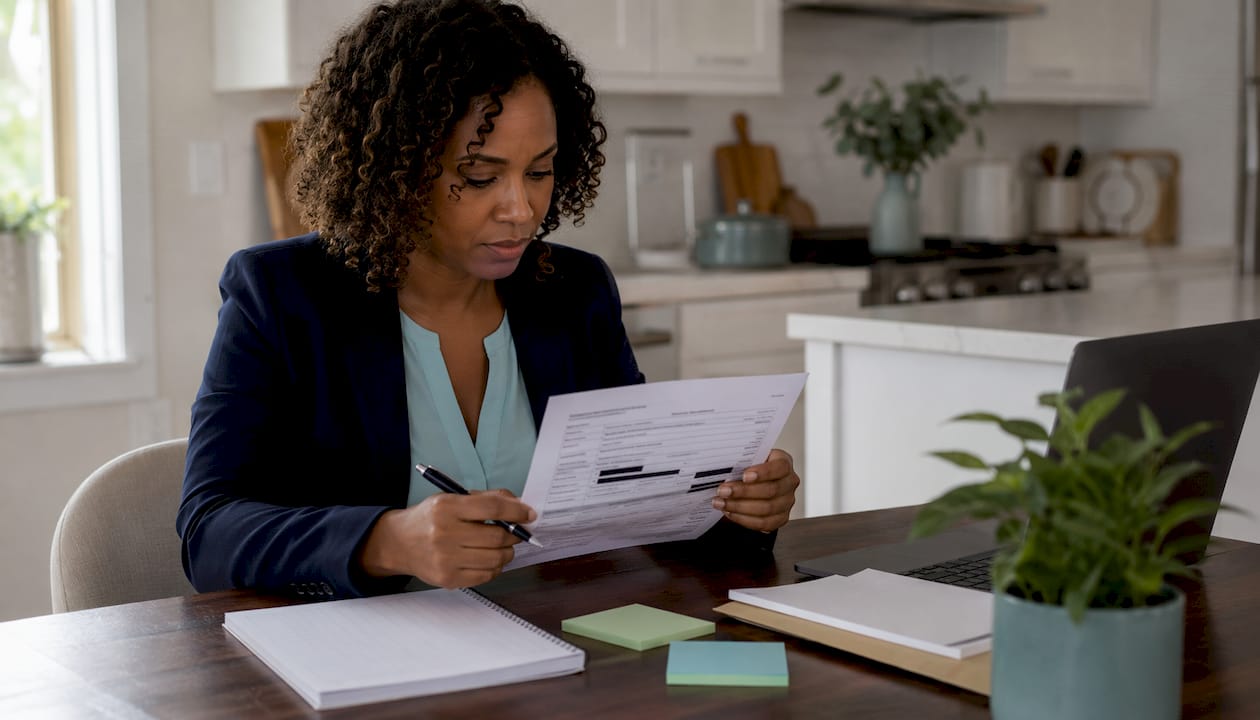 Woman redacting sensitive info on insurance billing document