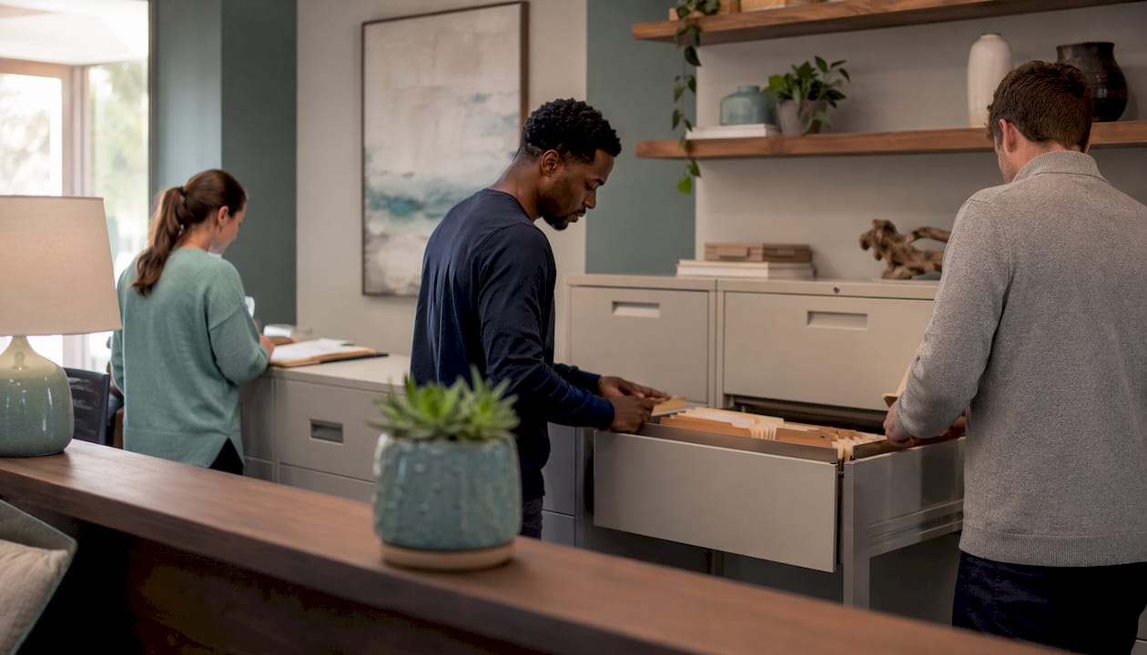 Rehab staff managing confidential patient files in office