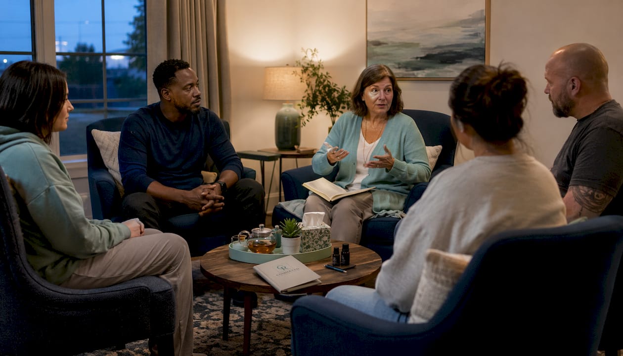 Overhead view of group therapy mindfulness session