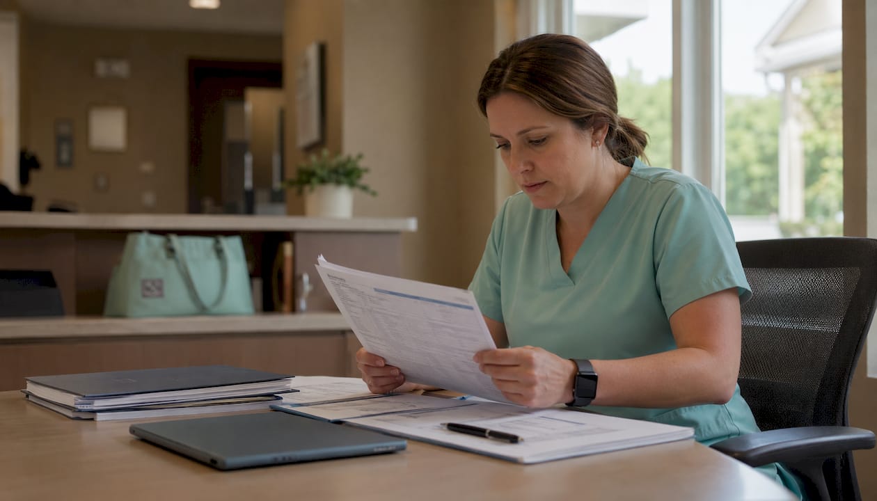 Clinician reviewing care plan in rehab facility