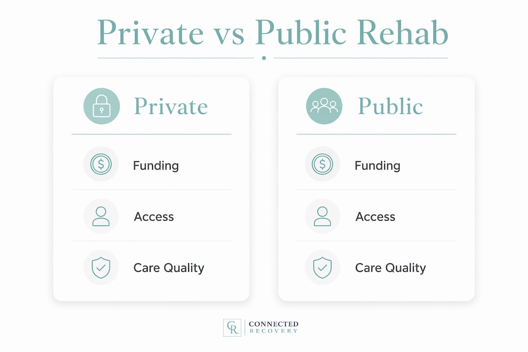 Infographic comparing private and public rehab features