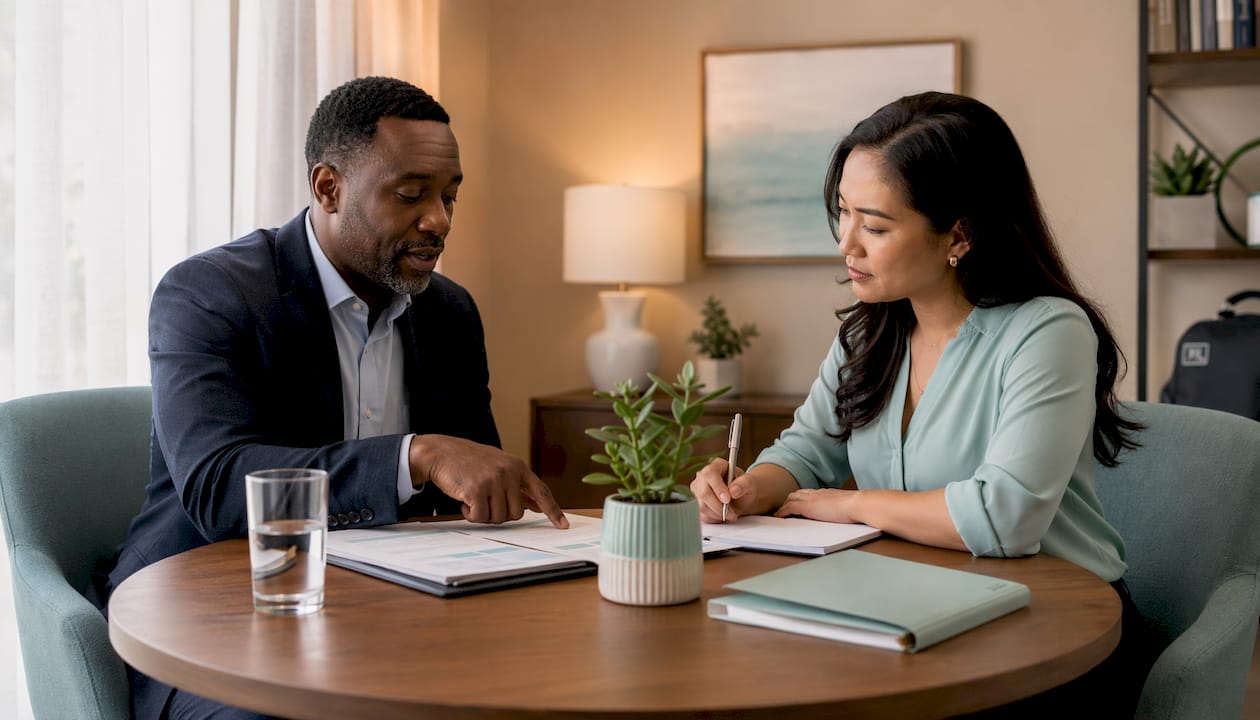 Addiction counselor and psychiatrist reviewing records
