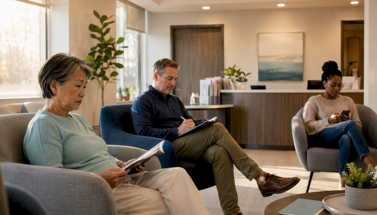 Diverse clients waiting in integrated care clinic