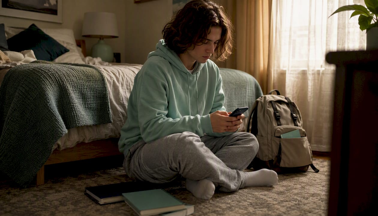 Young adult using smartphone showing addiction signs