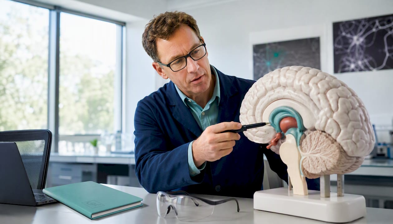Neuroscientist studying brain model in lab
