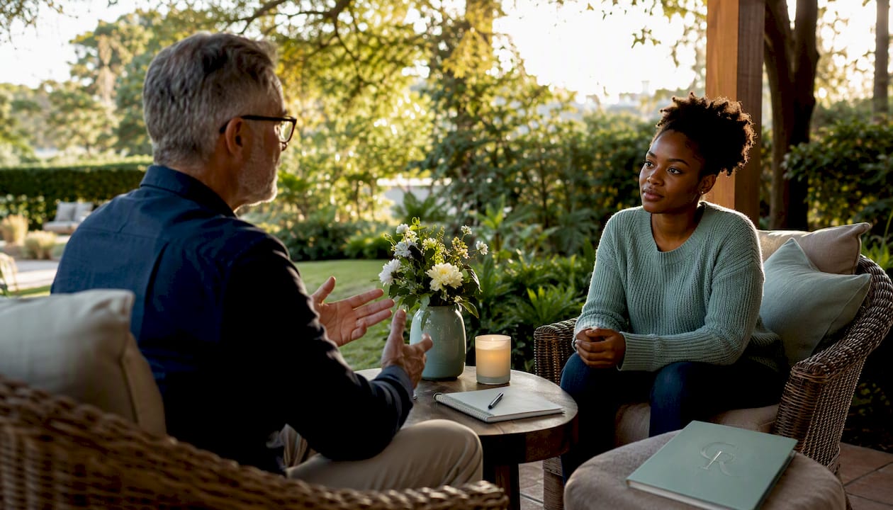 Therapist teaching grounding techniques during withdrawal