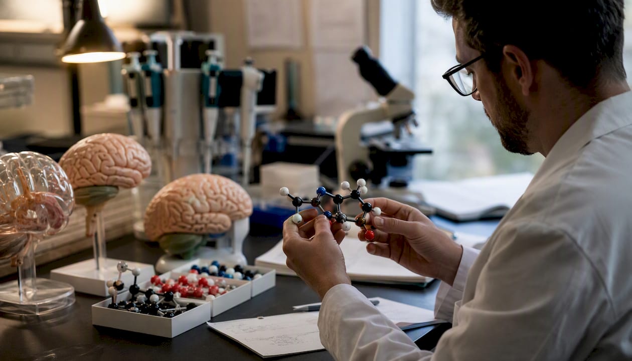 Hands assembling dopamine molecule model in lab