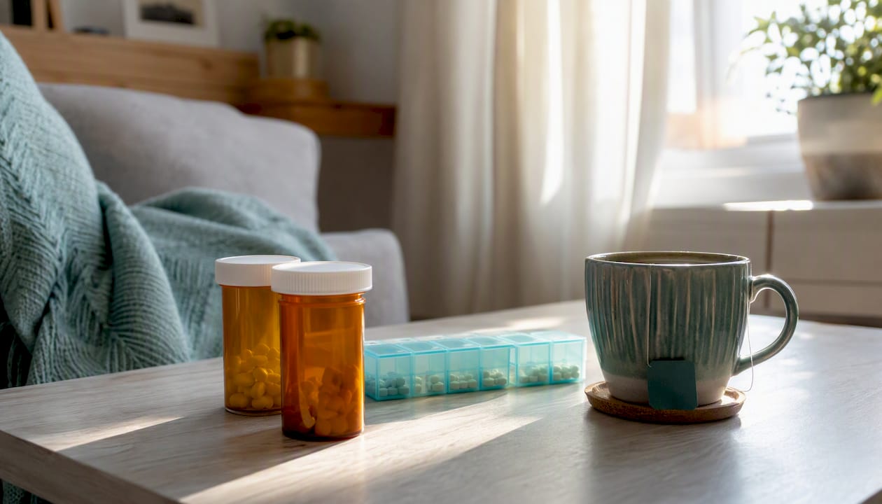 Generic opioid medication bottles on home table
