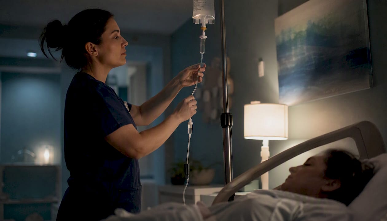 Nurse adjusting IV drip for detox patient at night