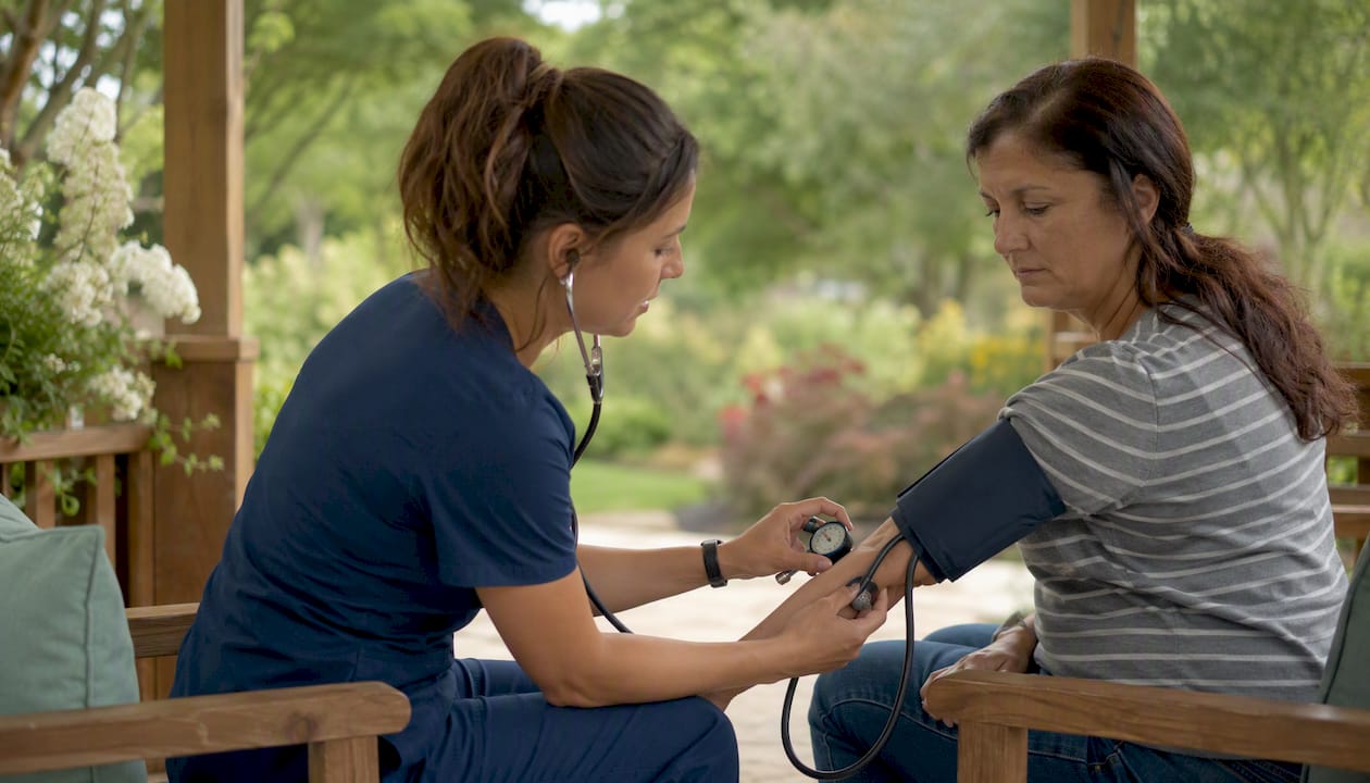 Nurse measuring patient blood pressure in detox