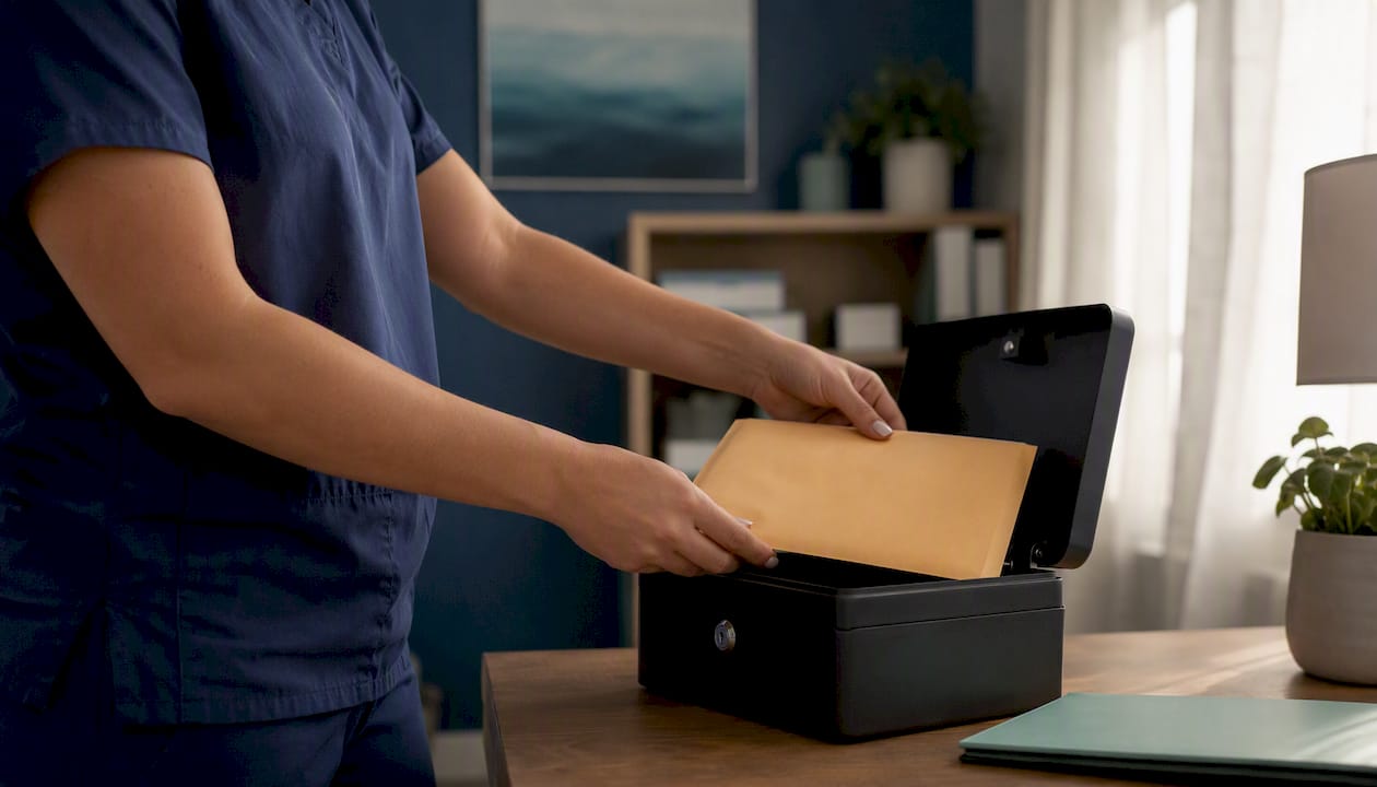 Hands placing confidential records in lockbox