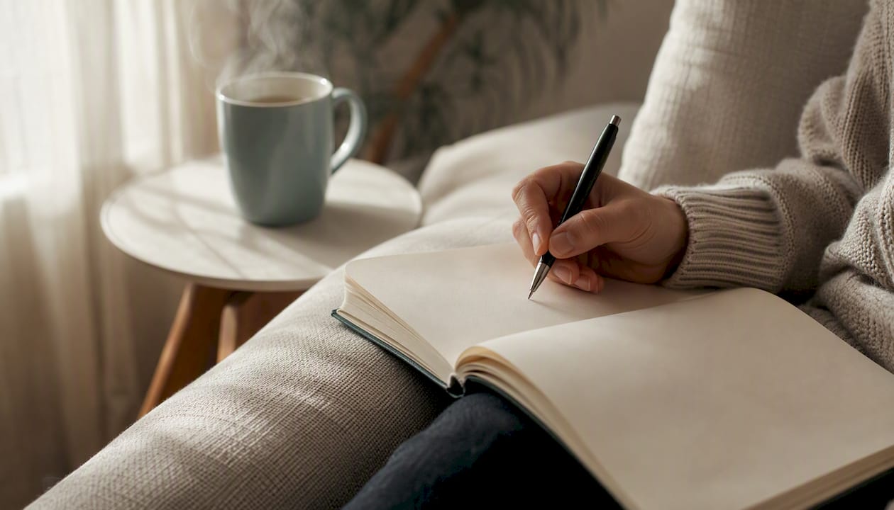 Hand holding pen over blank journal