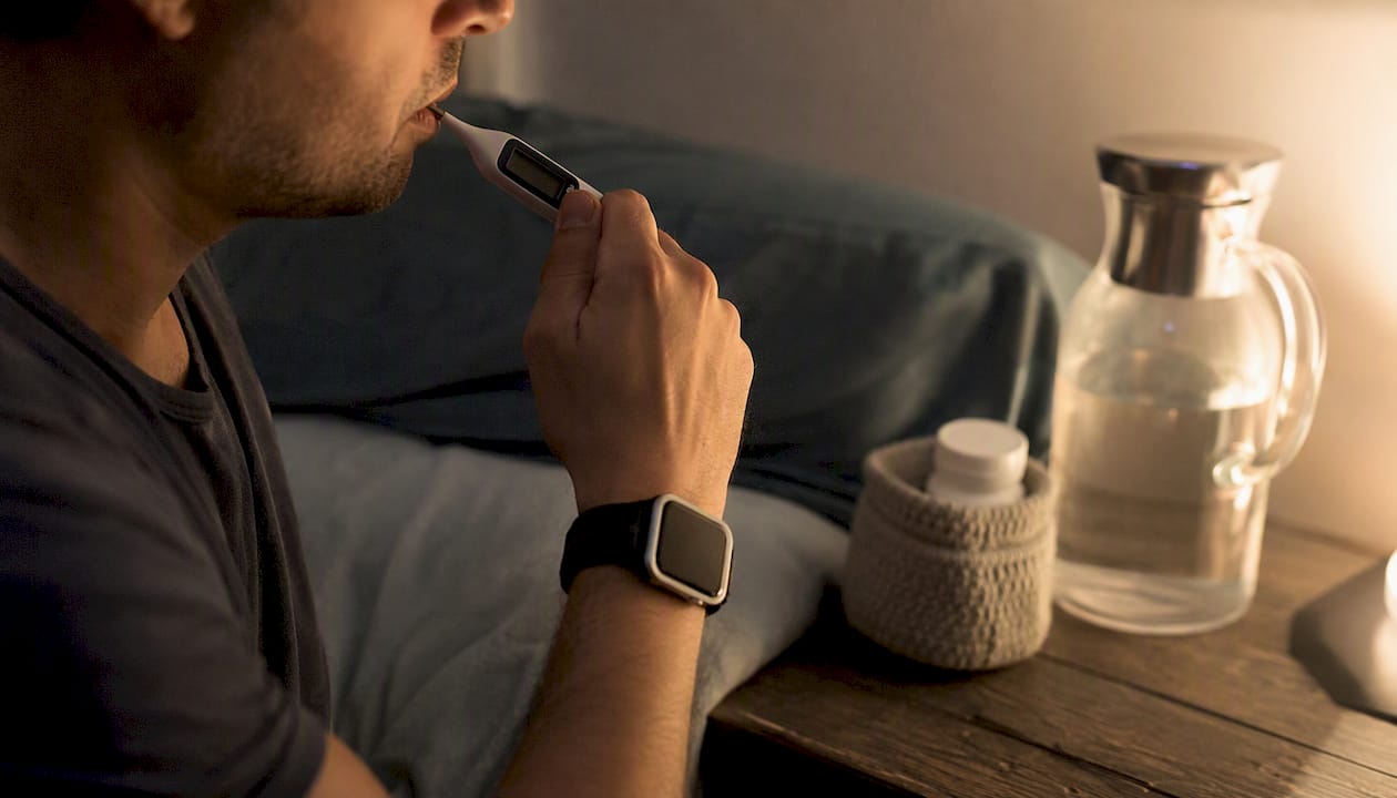 Hand measuring pulse and temperature at home