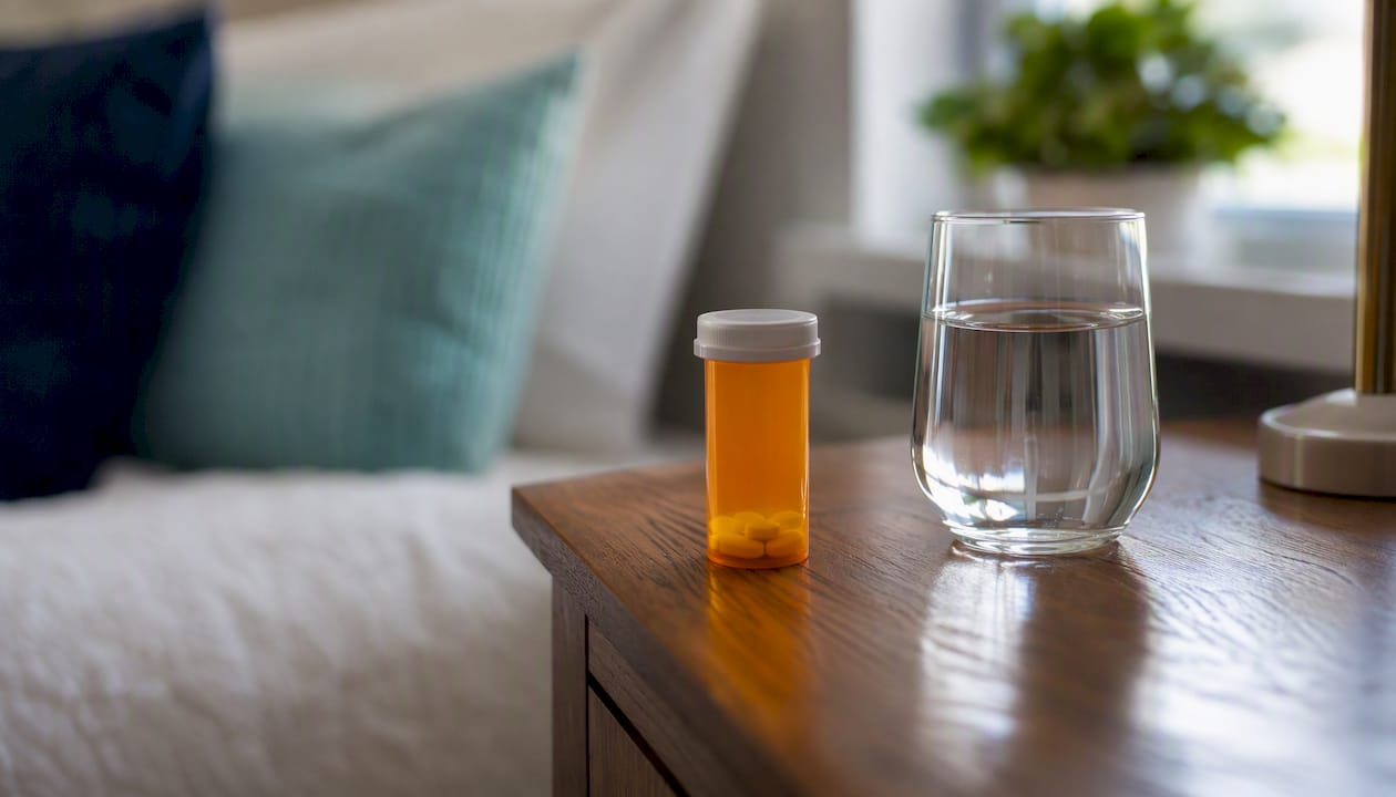 Prescription pill bottle and glass of water on table