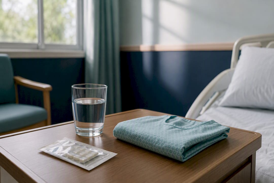 Hospital bedside table with medication and water glass