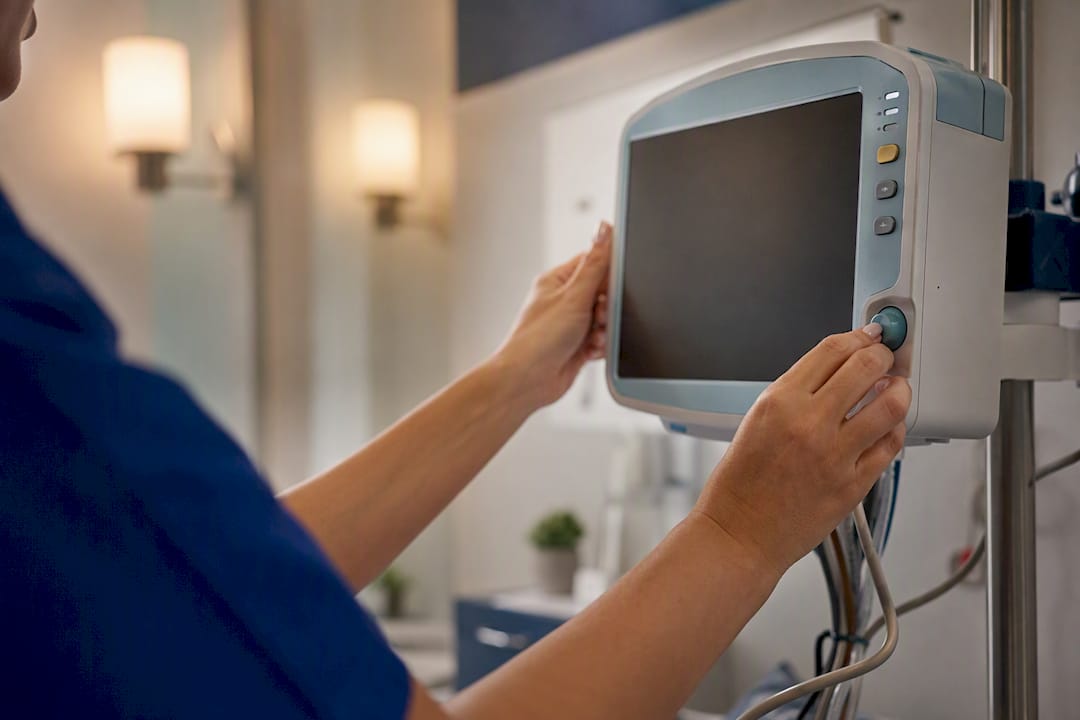 Hands adjusting vital signs monitor
