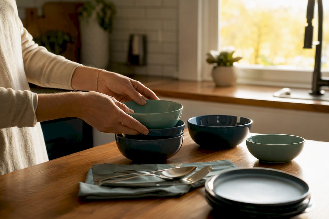 Hands setting family meal table