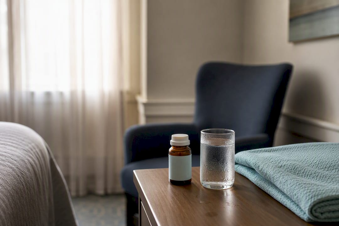 Medication bottle and glass on clinical side table