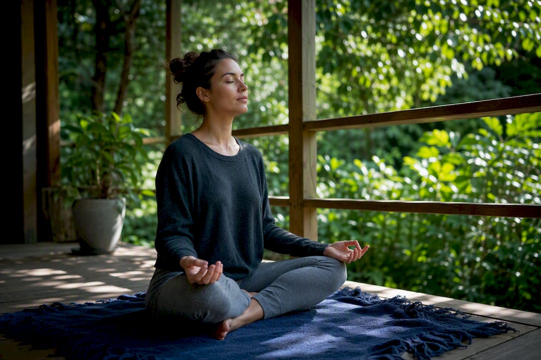 Person practicing deep breathing meditation indoors