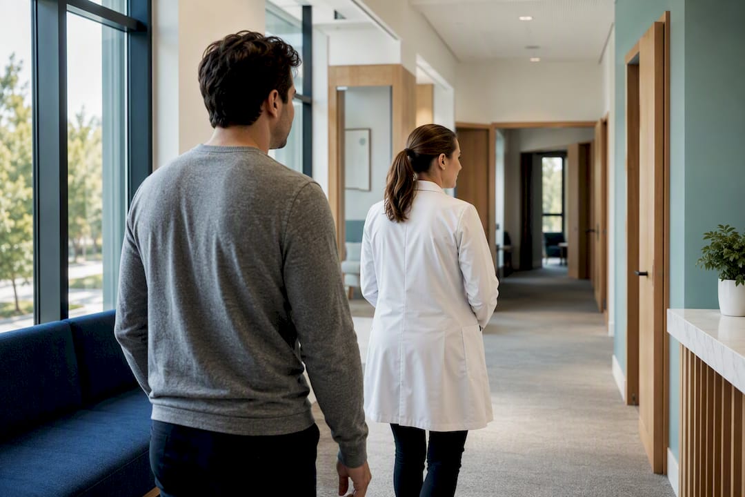 Patient and clinician entering a PHP treatment suite