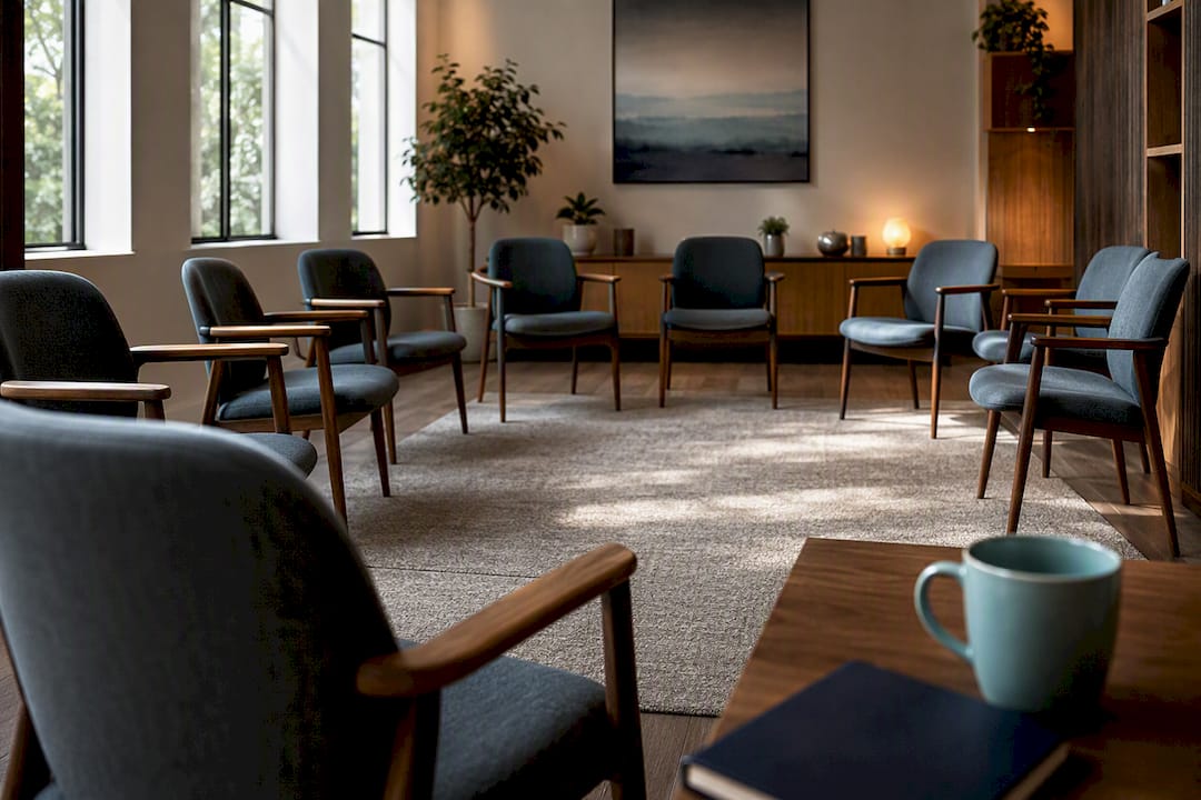 Welcoming recovery meeting room with circle chairs