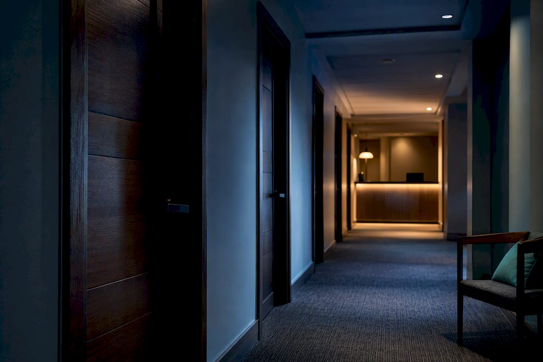 Quiet residential treatment hallway at night