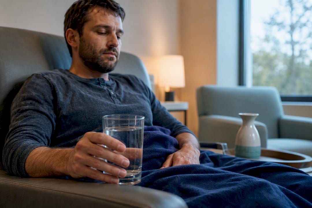 Adult resting with water during withdrawal recovery