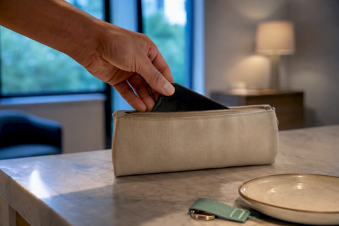 Phone placed in secure rehab storage pouch
