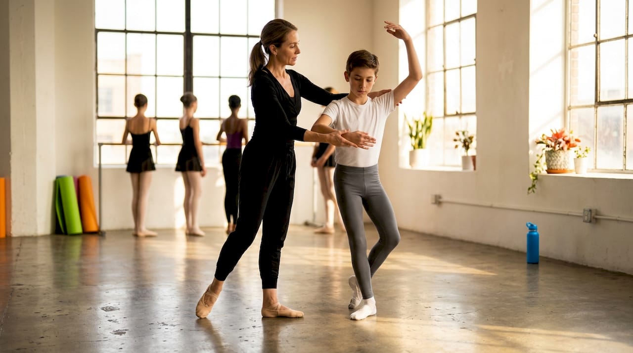 Instructor correcting ballet student in studio class