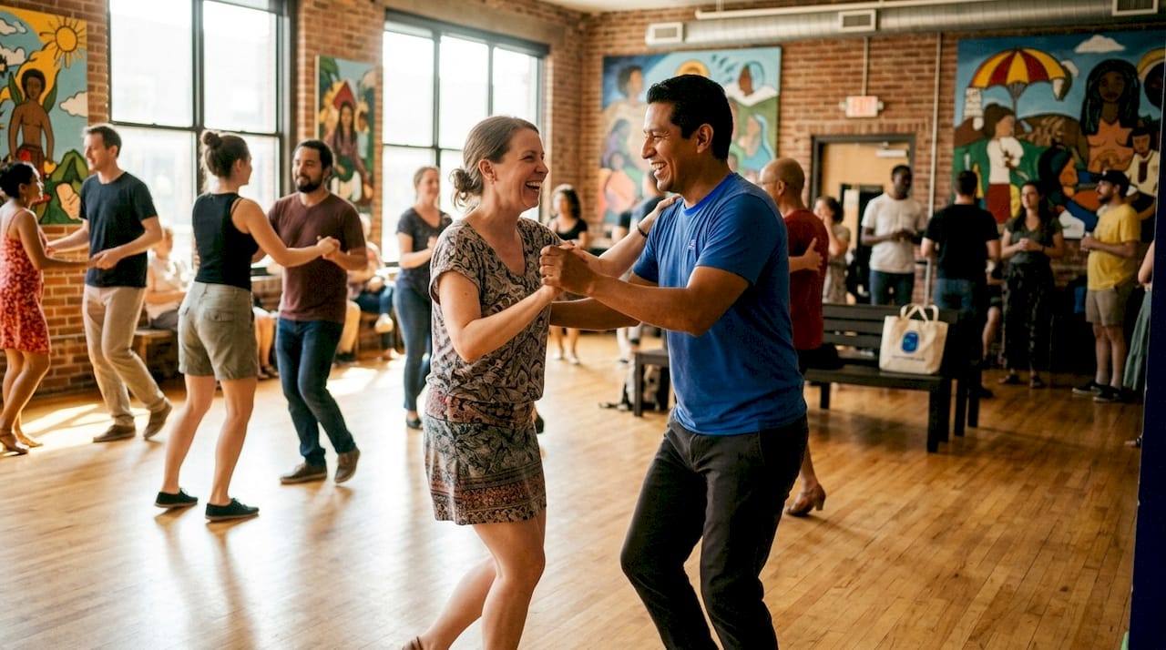 Couple laughing while social dancing indoors