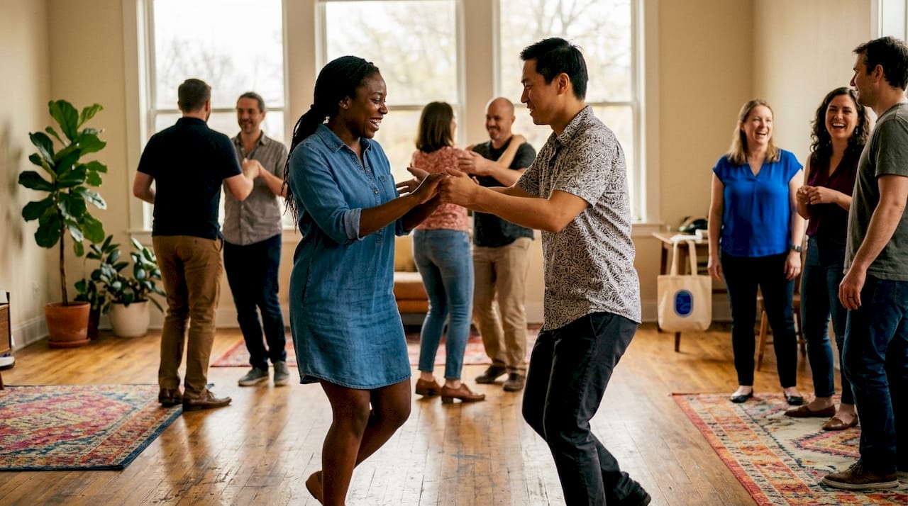 Diverse beginners enjoying social dance class