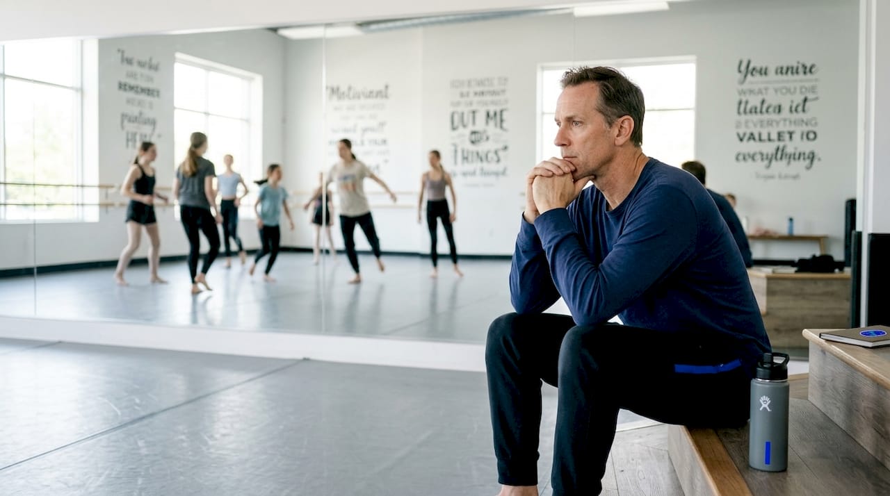 Dancer closely observing live choreography on stage