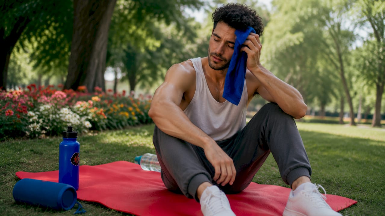 Fatigued beginner dancer resting on bench