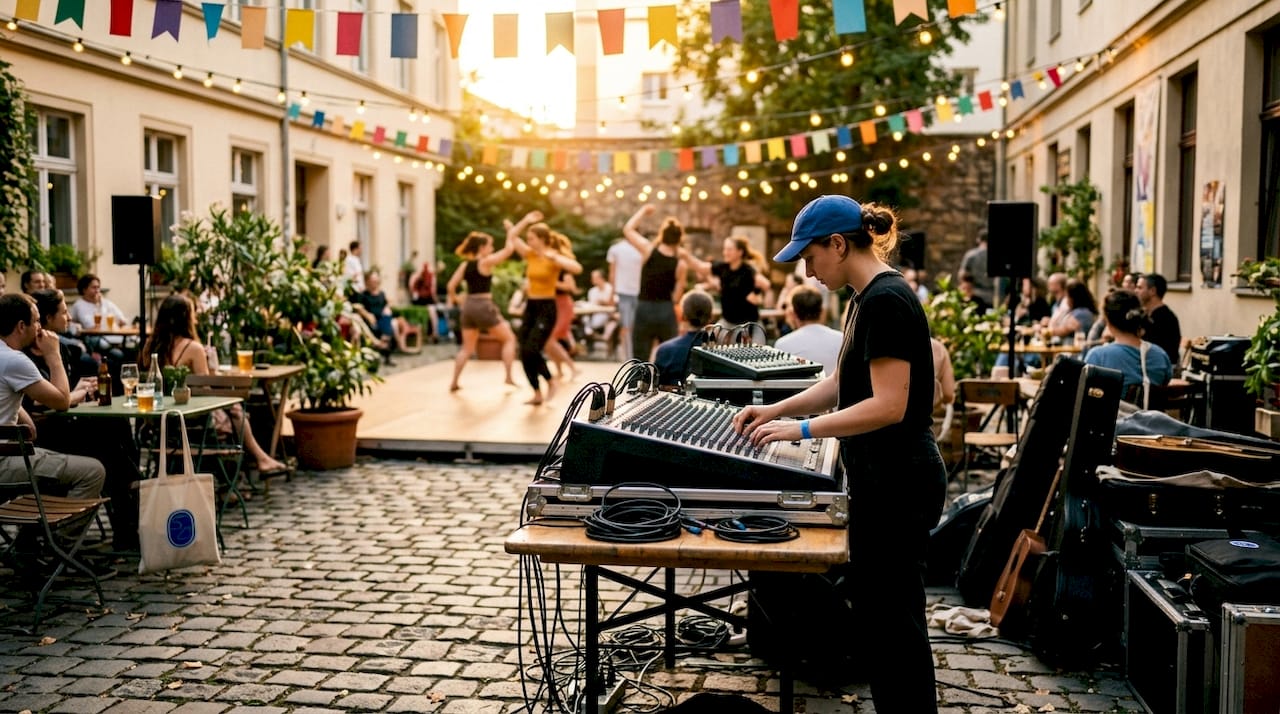 Technician adjusting sound at mixed-art live event stage