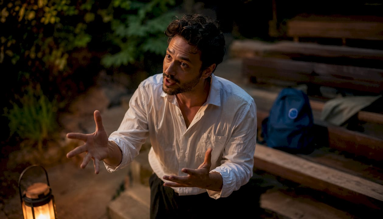 Actor performing emotional scene on small stage