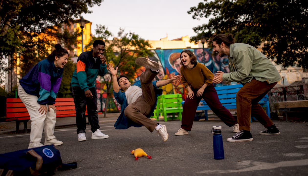 Actors rehearsing physical comedy scene