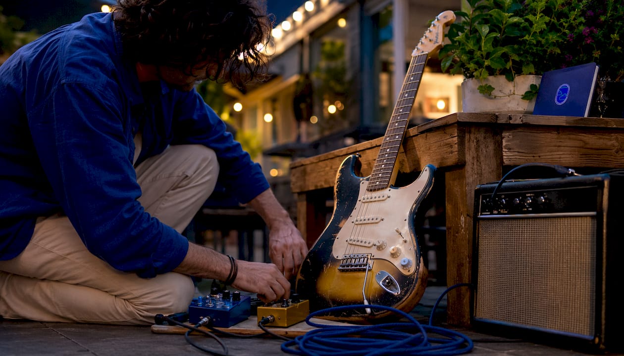 Musician setting up guitar gear on stage