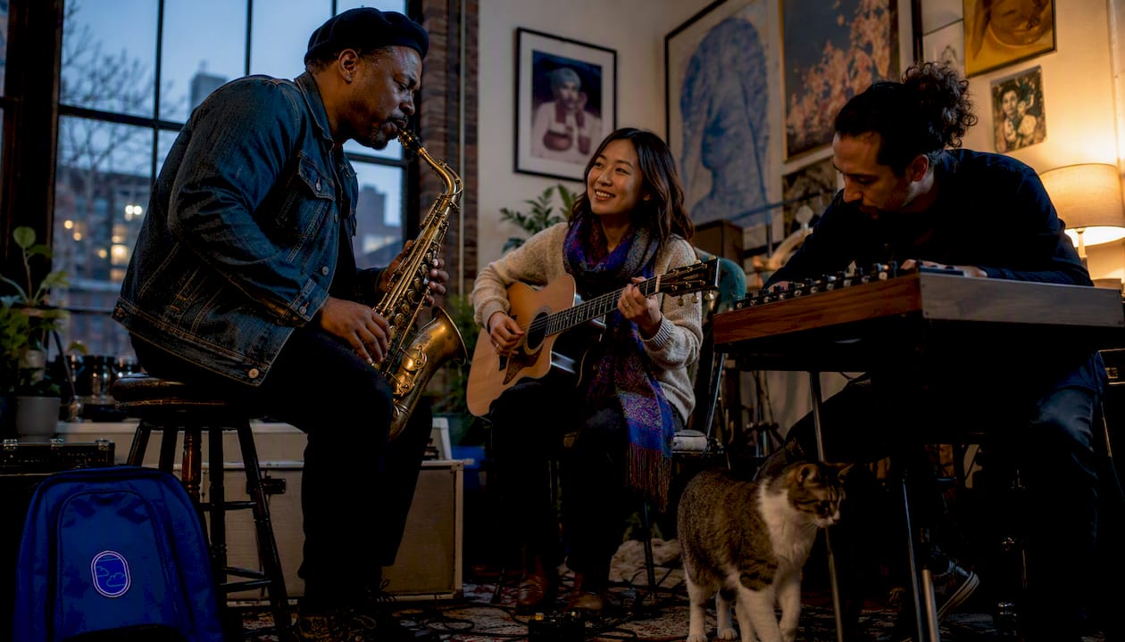 Small group informal jazz musicians jamming indoors