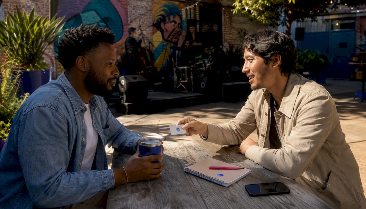 Musicians networking in coffee shop