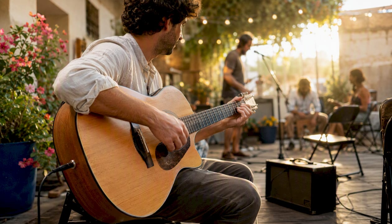Solo guitarist opening a community session