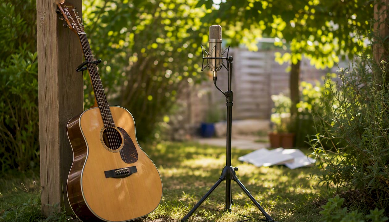 Acoustic guitar and microphone setup