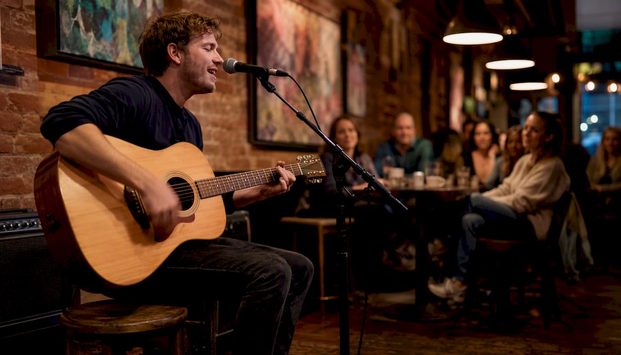Musician playing guitar at open mic night