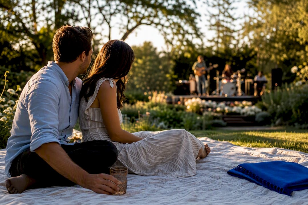 Couple listening to garden concert at sunset
