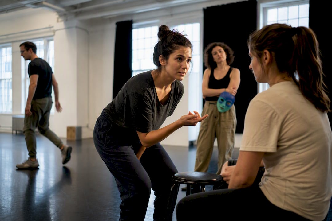 Actors rehearsing close audience interaction