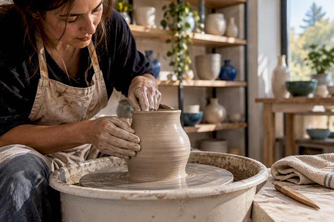 Artist shaping pottery during a studio tour