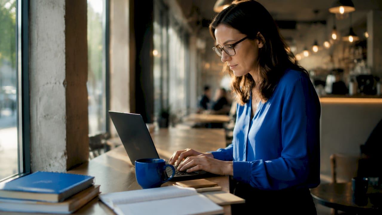Data analyst reviewing AI prospect data at desk