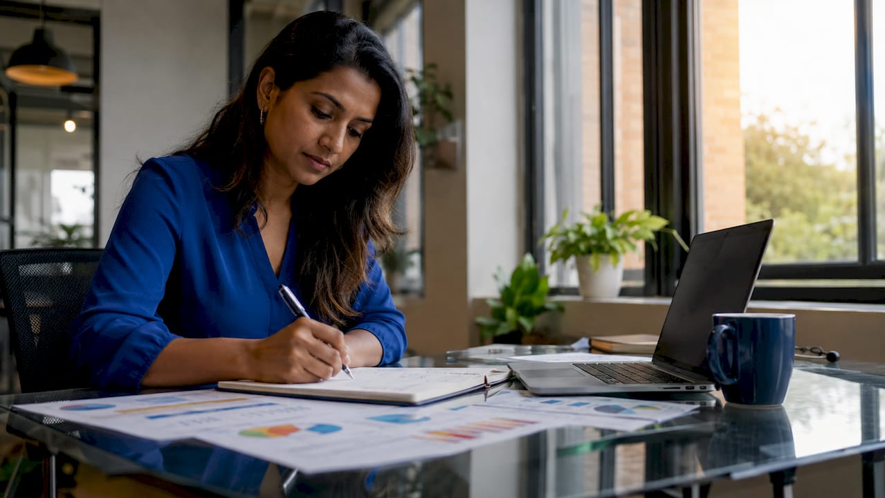 Businesswoman analyzing lead data in office