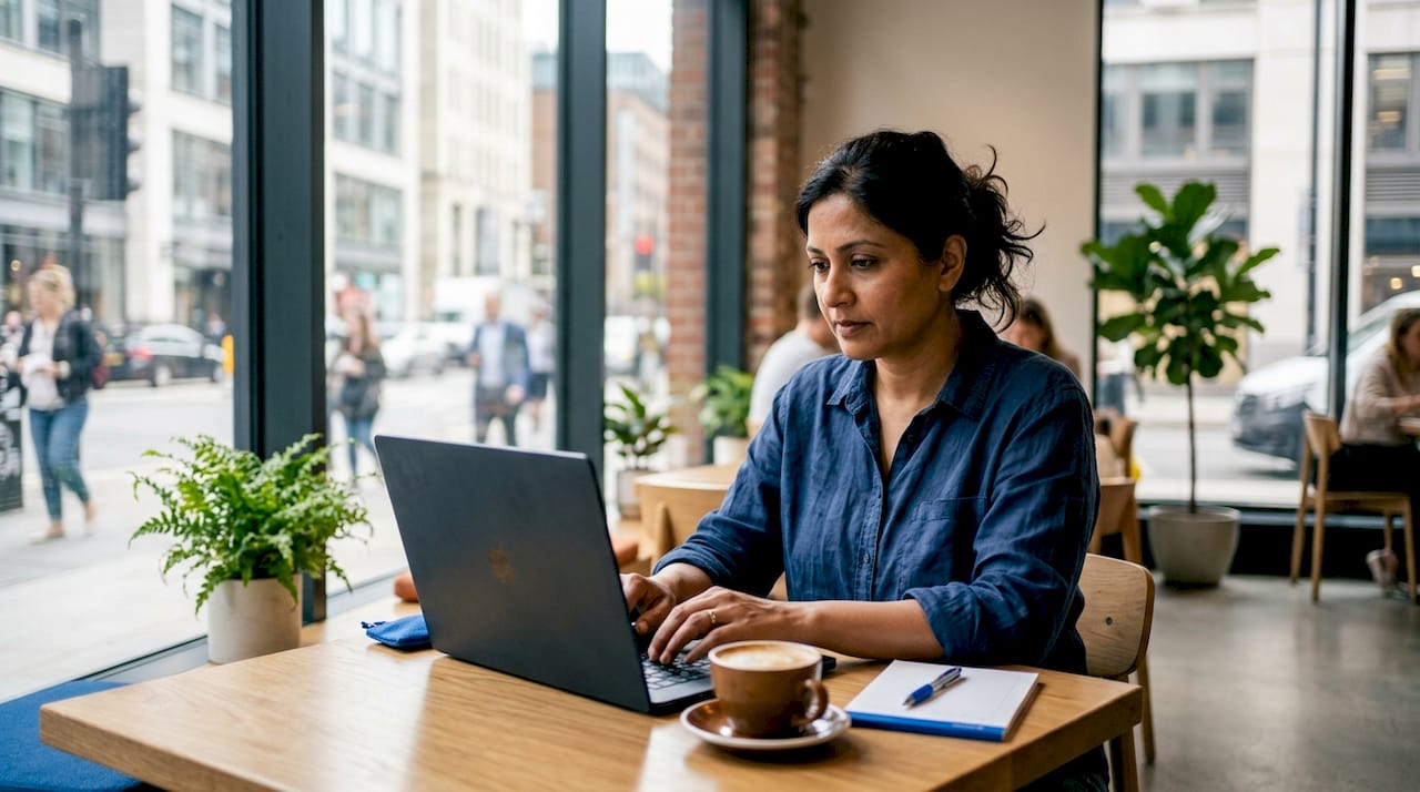 Professional woman typing AI outreach messages